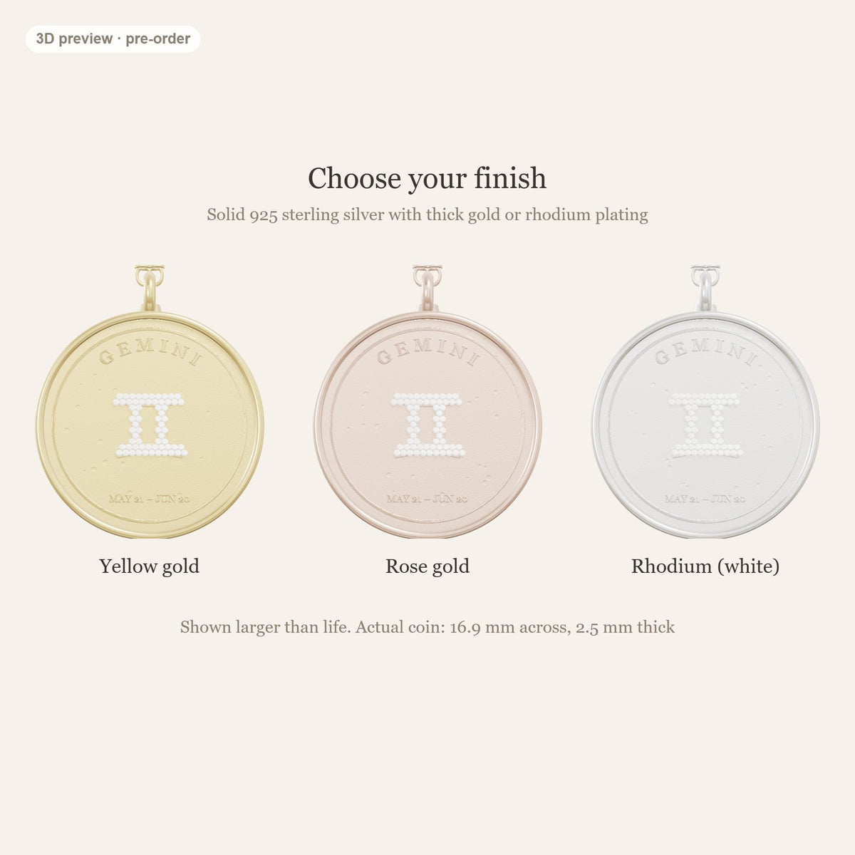 Gemini zodiac constellation coin necklace in 925 sterling silver with lab-grown diamond stars and a genuine freshwater pearl birthstone, 3D preview 3 of 4