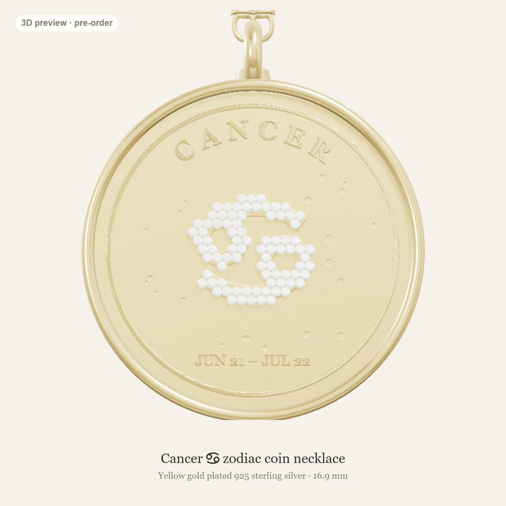 Cancer zodiac constellation coin necklace in 925 sterling silver with lab-grown diamond stars and a natural ruby birthstone, 3D preview 1 of 4