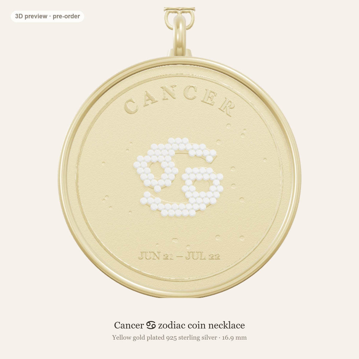 Cancer zodiac constellation coin necklace in 925 sterling silver with lab-grown diamond stars and a natural ruby birthstone, 3D preview 1 of 4