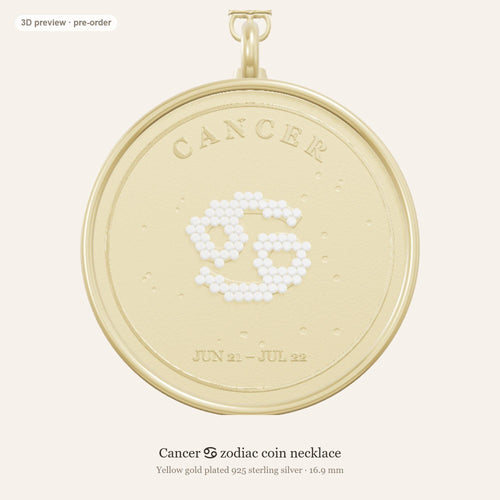 Cancer zodiac constellation coin necklace in 925 sterling silver with lab-grown diamond stars and a natural ruby birthstone, 3D preview 1 of 4