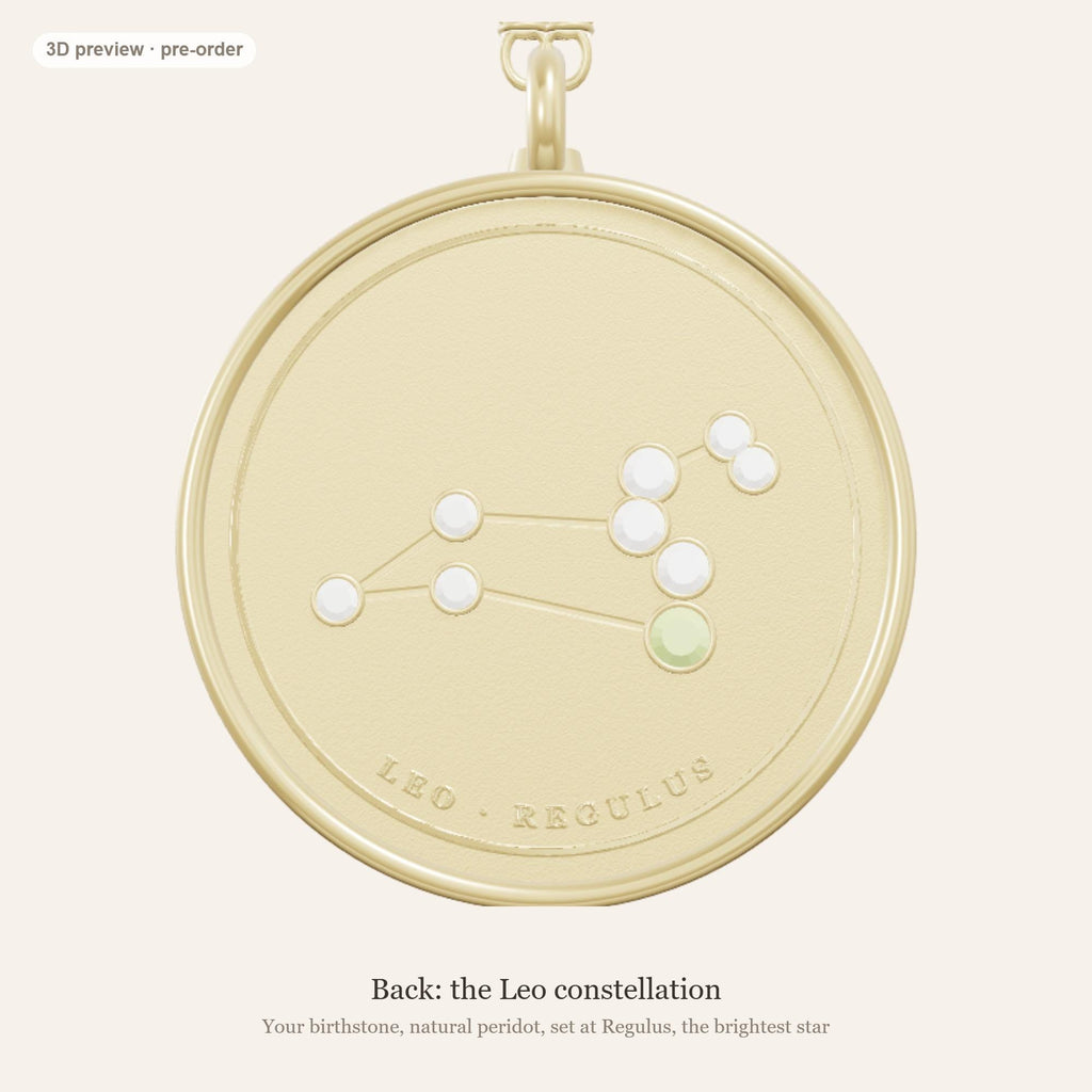 Leo zodiac constellation coin necklace in 925 sterling silver with lab-grown diamond stars and a natural peridot birthstone, 3D preview 2 of 4