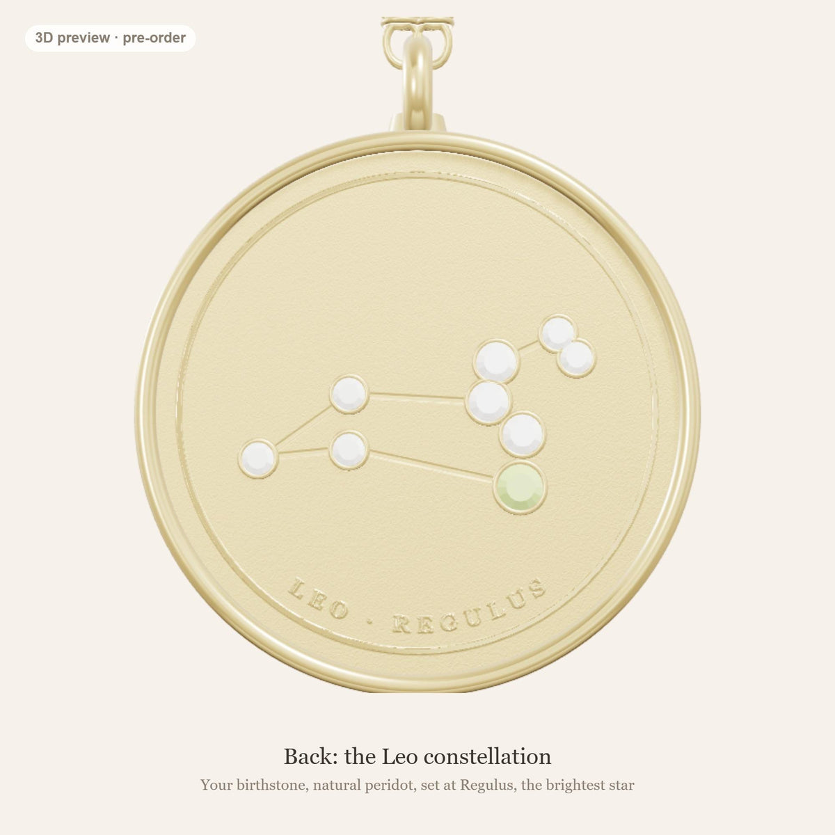 Leo zodiac constellation coin necklace in 925 sterling silver with lab-grown diamond stars and a natural peridot birthstone, 3D preview 2 of 4