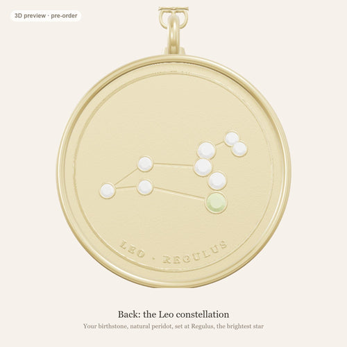 Leo zodiac constellation coin necklace in 925 sterling silver with lab-grown diamond stars and a natural peridot birthstone, 3D preview 2 of 4