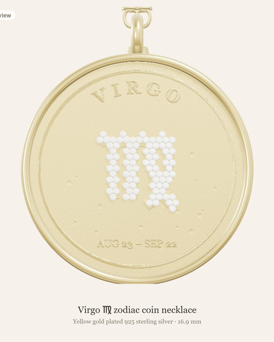 Front of the Virgo zodiac coin pendant in yellow gold plated 925 silver, with the Virgo glyph in lab-grown diamonds