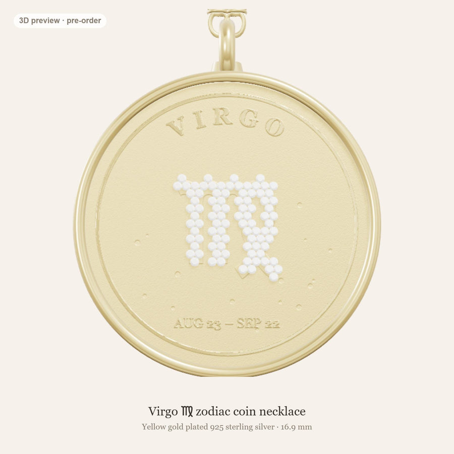 Virgo zodiac constellation coin necklace in 925 sterling silver with lab-grown diamond stars and a natural blue sapphire birthstone, 3D preview 1 of 4