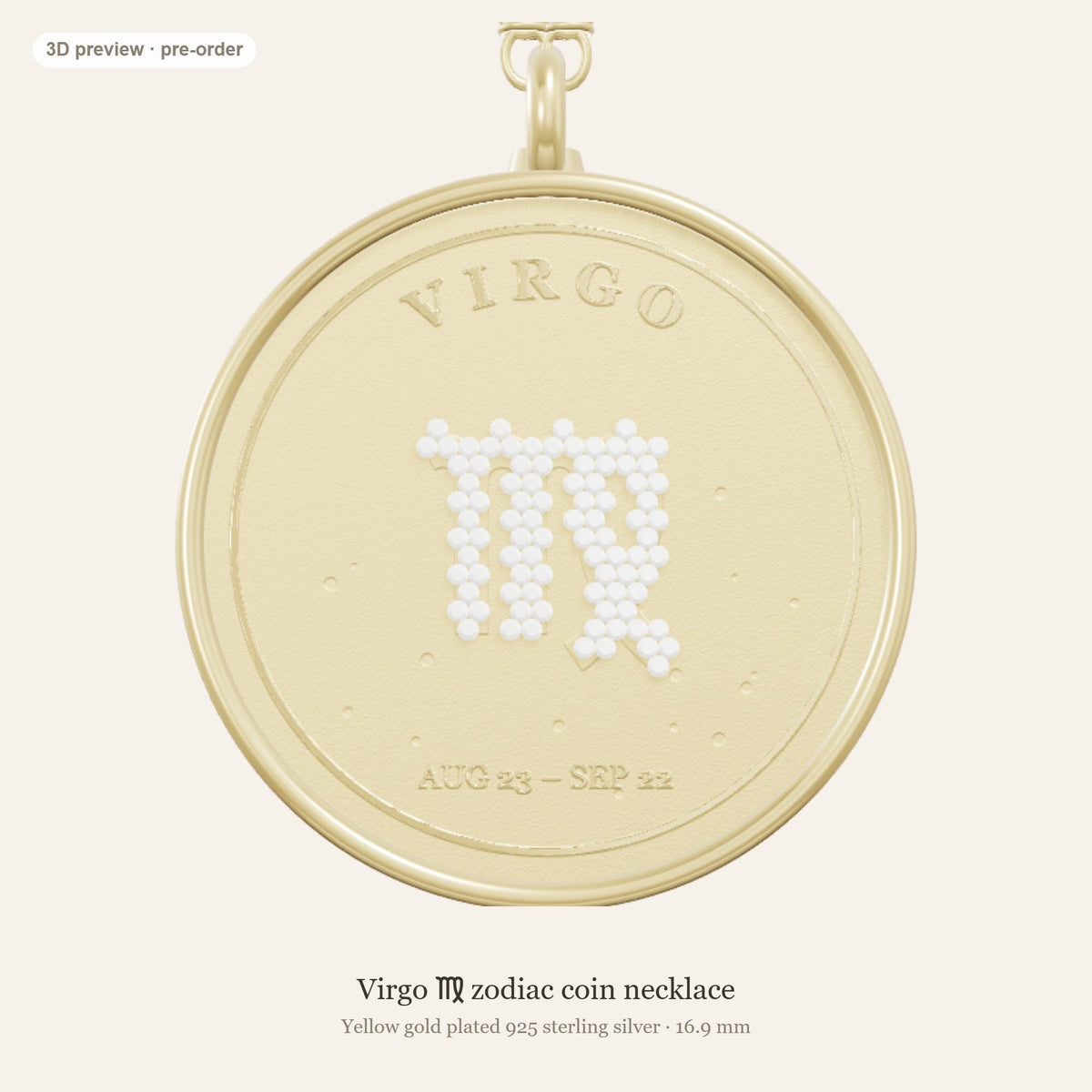 Virgo zodiac constellation coin necklace in 925 sterling silver with lab-grown diamond stars and a natural blue sapphire birthstone, 3D preview 1 of 4