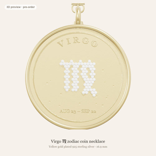 Virgo zodiac constellation coin necklace in 925 sterling silver with lab-grown diamond stars and a natural blue sapphire birthstone, 3D preview 1 of 4