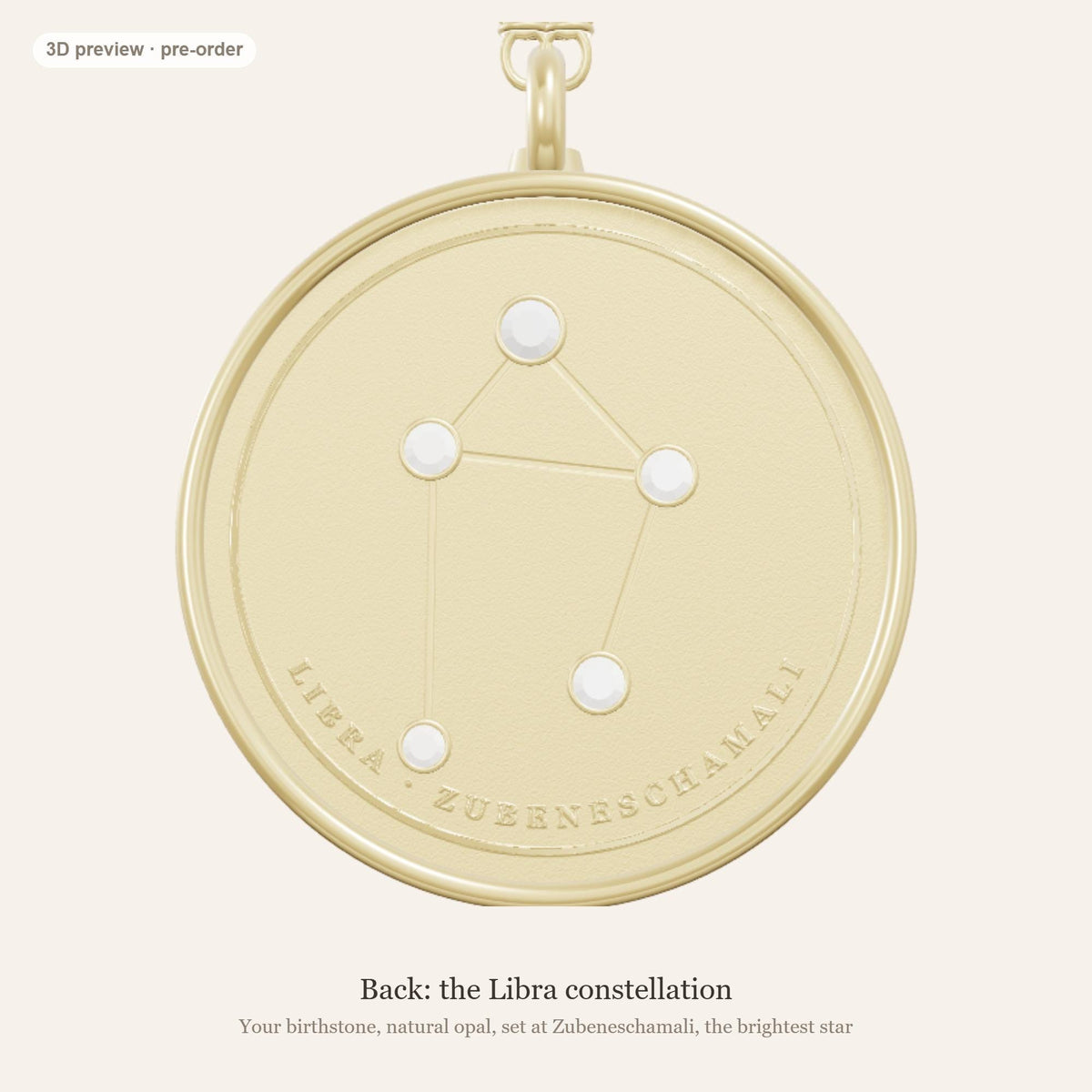Libra zodiac constellation coin necklace in 925 sterling silver with lab-grown diamond stars and a natural opal birthstone, 3D preview 2 of 4