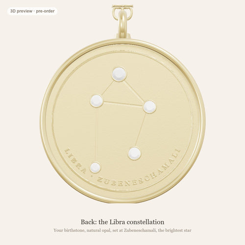 Libra zodiac constellation coin necklace in 925 sterling silver with lab-grown diamond stars and a natural opal birthstone, 3D preview 2 of 4