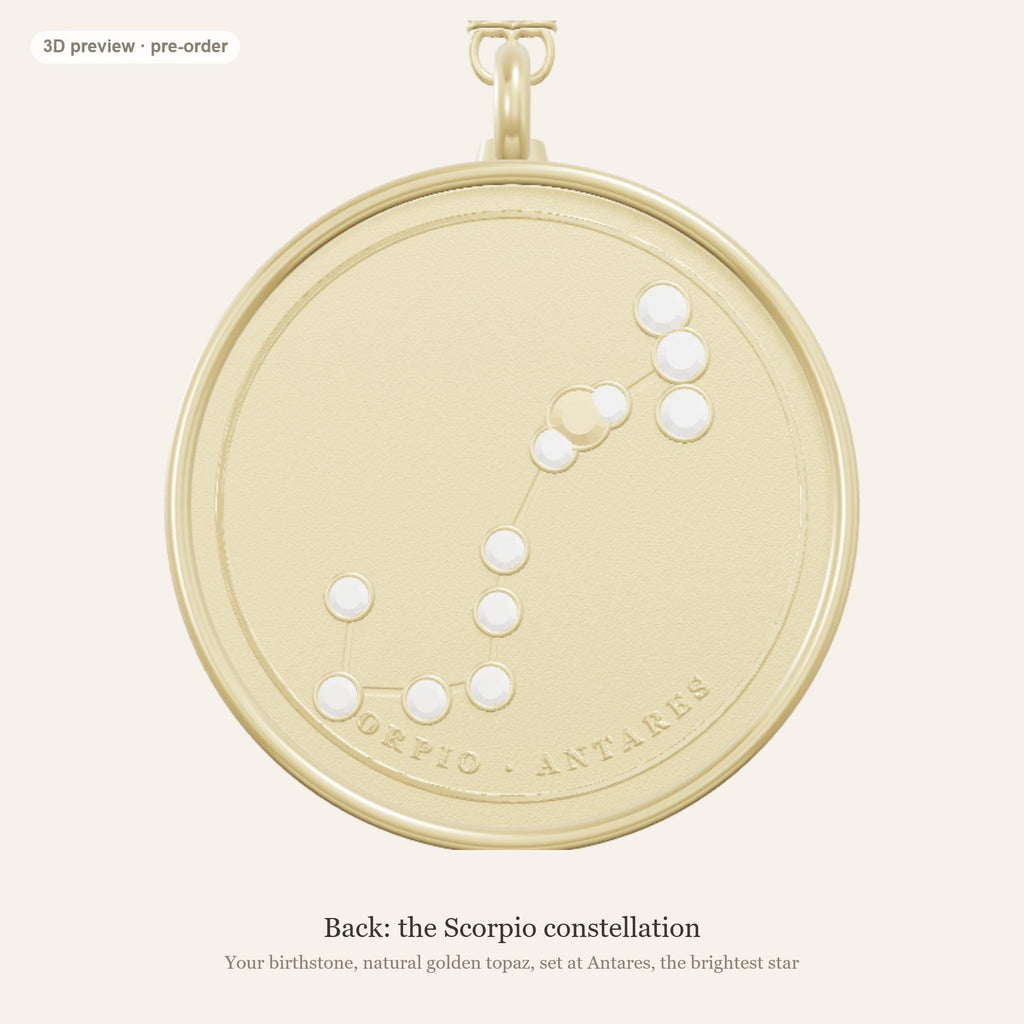 Scorpio zodiac constellation coin necklace in 925 sterling silver with lab-grown diamond stars and a natural golden topaz birthstone, 3D preview 2 of 4