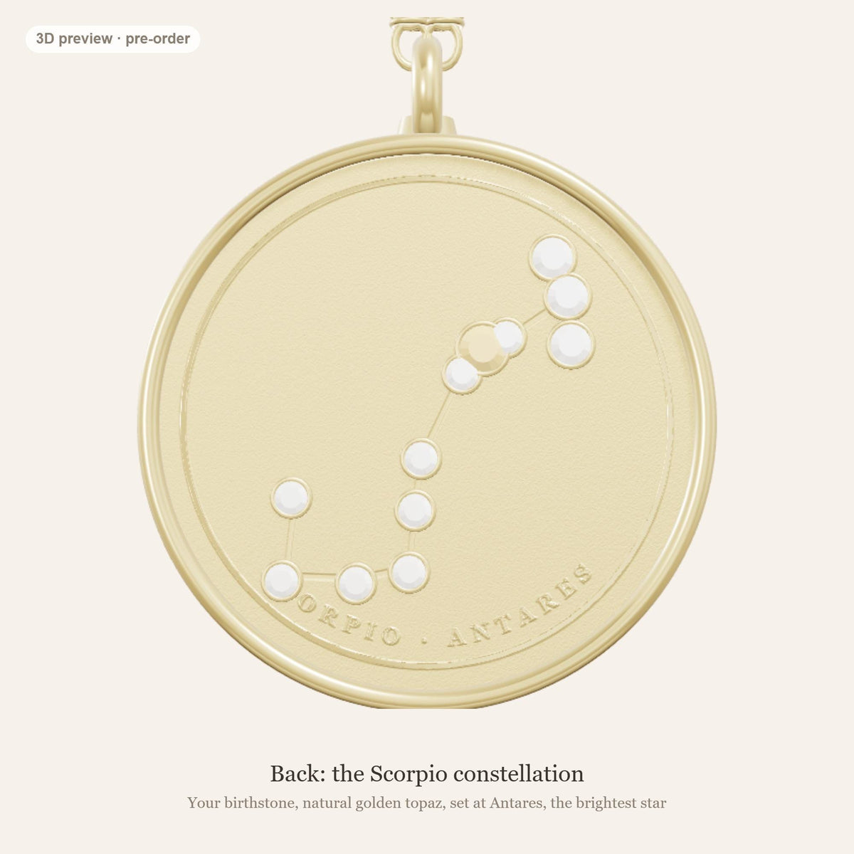 Scorpio zodiac constellation coin necklace in 925 sterling silver with lab-grown diamond stars and a natural golden topaz birthstone, 3D preview 2 of 4