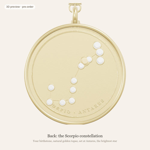 Scorpio zodiac constellation coin necklace in 925 sterling silver with lab-grown diamond stars and a natural golden topaz birthstone, 3D preview 2 of 4