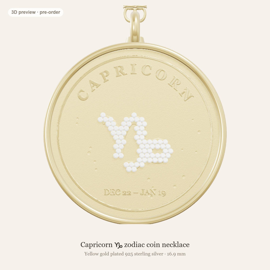 Capricorn zodiac constellation coin necklace in 925 sterling silver with lab-grown diamond stars and a natural garnet birthstone, 3D preview 1 of 4