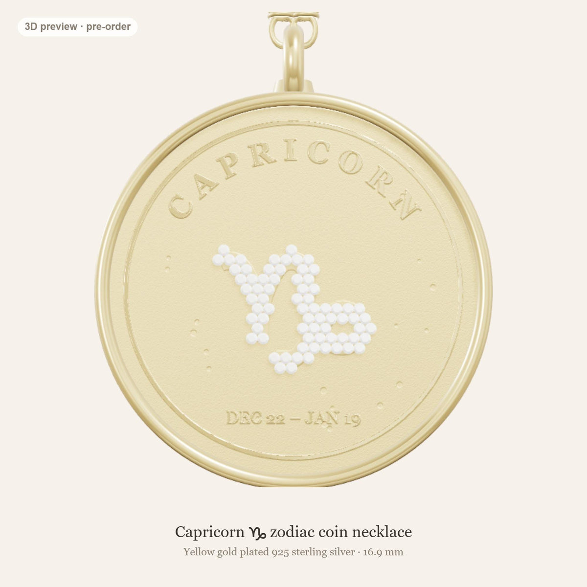 Capricorn zodiac constellation coin necklace in 925 sterling silver with lab-grown diamond stars and a natural garnet birthstone, 3D preview 1 of 4