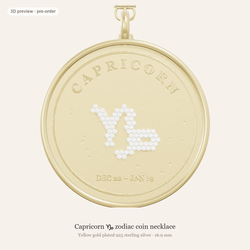 Capricorn zodiac constellation coin necklace in 925 sterling silver with lab-grown diamond stars and a natural garnet birthstone, 3D preview 1 of 4