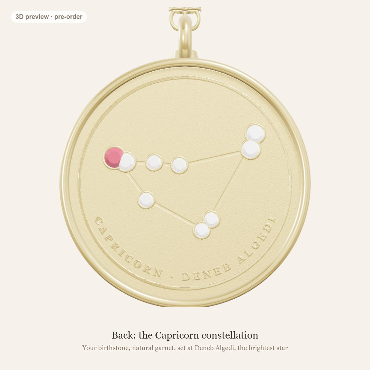 Capricorn zodiac constellation coin necklace in 925 sterling silver with lab-grown diamond stars and a natural garnet birthstone, 3D preview 2 of 4