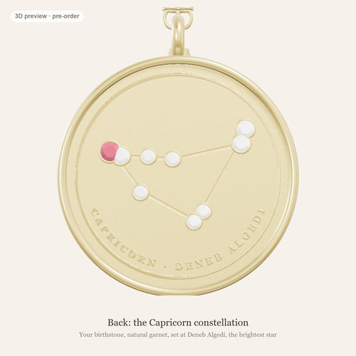 Capricorn zodiac constellation coin necklace in 925 sterling silver with lab-grown diamond stars and a natural garnet birthstone, 3D preview 2 of 4