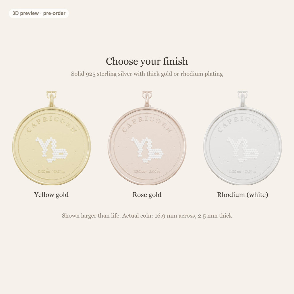 Capricorn zodiac constellation coin necklace in 925 sterling silver with lab-grown diamond stars and a natural garnet birthstone, 3D preview 3 of 4
