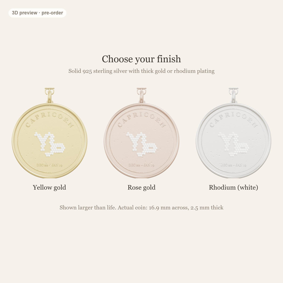 Capricorn zodiac constellation coin necklace in 925 sterling silver with lab-grown diamond stars and a natural garnet birthstone, 3D preview 3 of 4