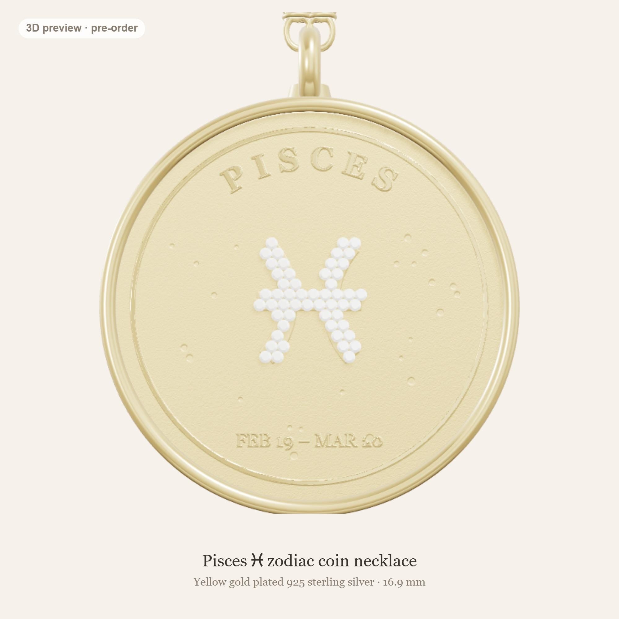 Front of the Pisces zodiac coin pendant in yellow gold plated 925 silver, with the Pisces glyph in lab-grown diamonds
