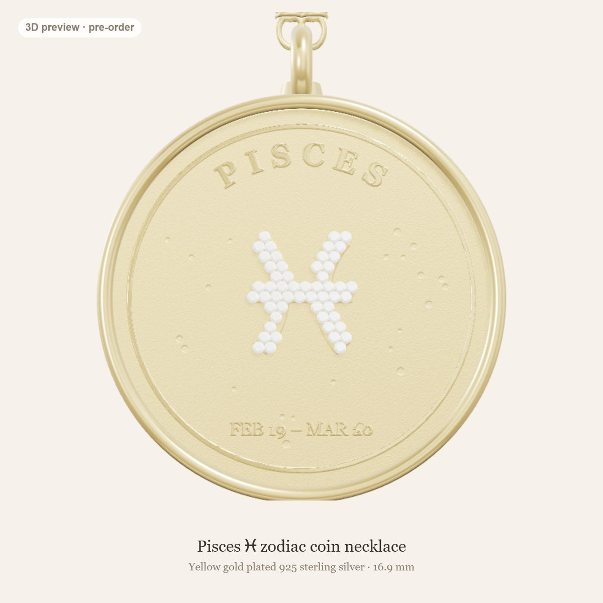 Pisces zodiac constellation coin necklace in 925 sterling silver with lab-grown diamond stars and a natural aquamarine birthstone, 3D preview 1 of 4