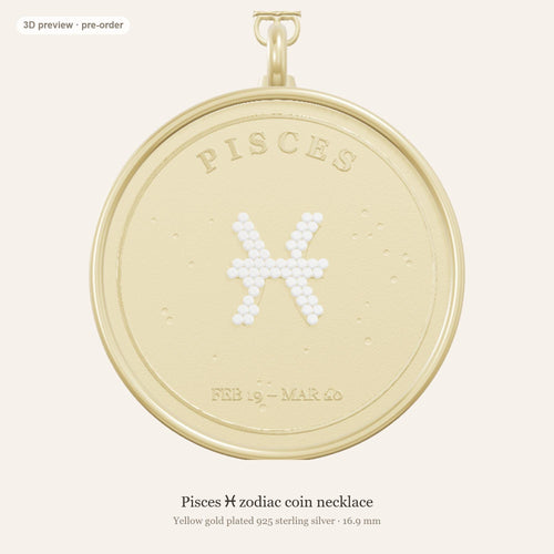 Pisces zodiac constellation coin necklace in 925 sterling silver with lab-grown diamond stars and a natural aquamarine birthstone, 3D preview 1 of 4