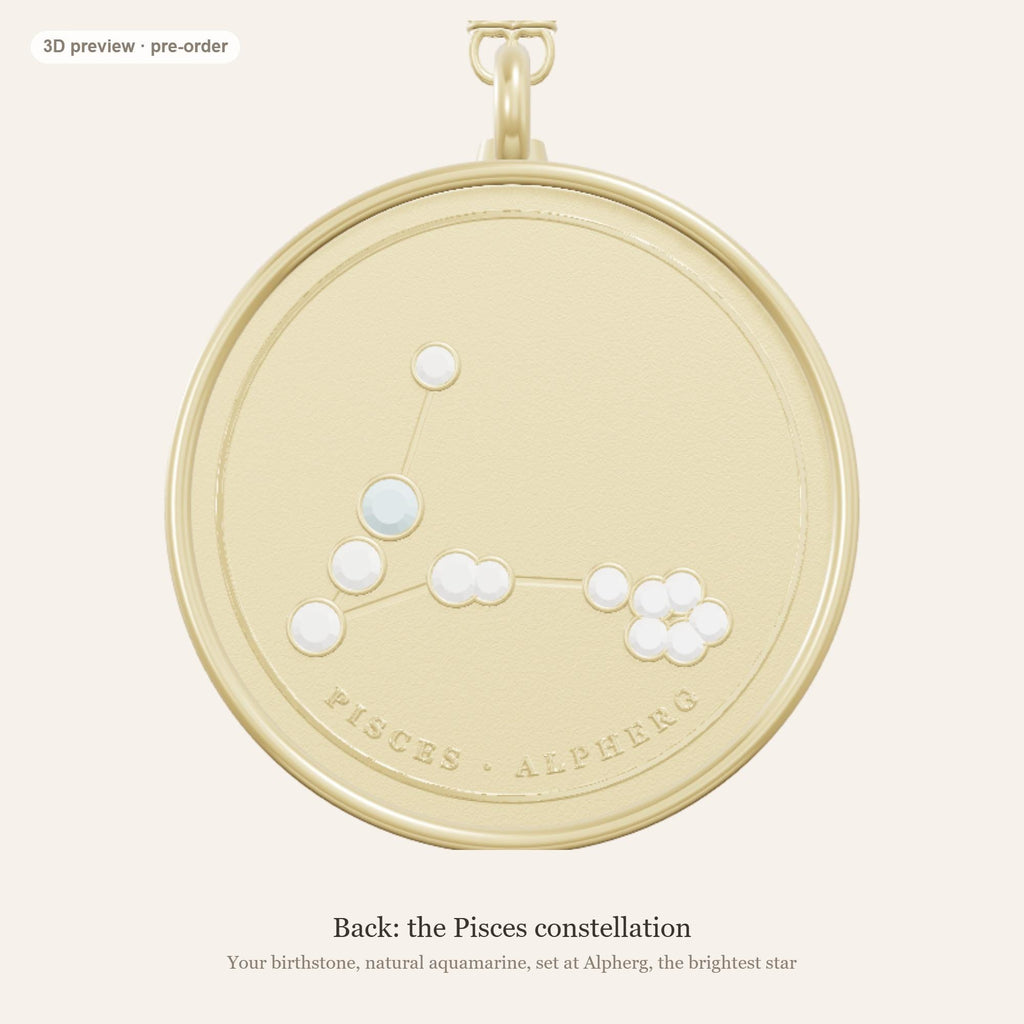 Pisces zodiac constellation coin necklace in 925 sterling silver with lab-grown diamond stars and a natural aquamarine birthstone, 3D preview 2 of 4