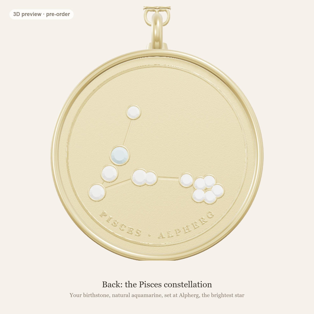 Pisces zodiac constellation coin necklace in 925 sterling silver with lab-grown diamond stars and a natural aquamarine birthstone, 3D preview 2 of 4