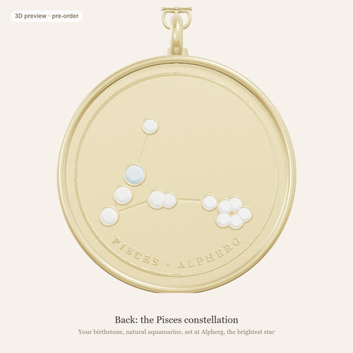 Pisces zodiac constellation coin necklace in 925 sterling silver with lab-grown diamond stars and a natural aquamarine birthstone, 3D preview 2 of 4