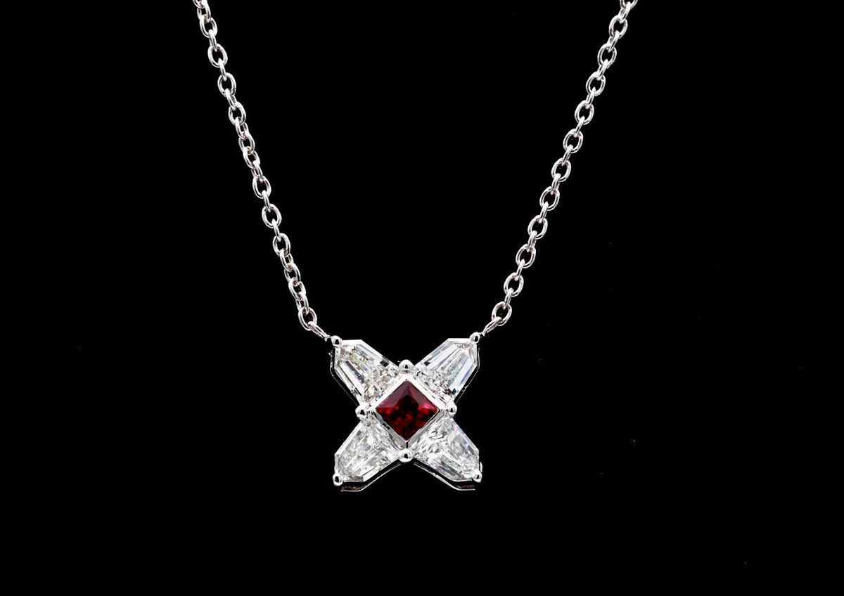 Ruby and Diamond Star Necklace in 14K White Gold – Natural Ruby, Shield Cut Diamonds 0.51 ct