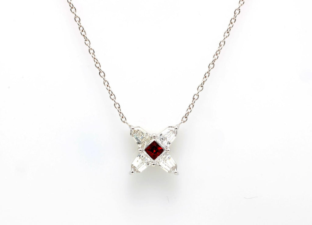 Ruby and Diamond Star Necklace in 14K White Gold – Natural Ruby, Shield Cut Diamonds 0.51 ct