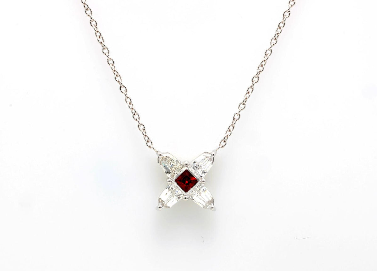 Ruby and Diamond Star Necklace in 14K White Gold – Natural Ruby, Shield Cut Diamonds 0.51 ct
