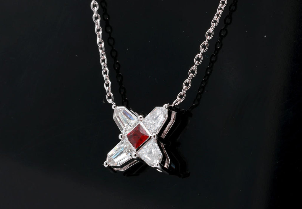Ruby and Diamond Star Necklace in 14K White Gold – Natural Ruby, Shield Cut Diamonds 0.51 ct