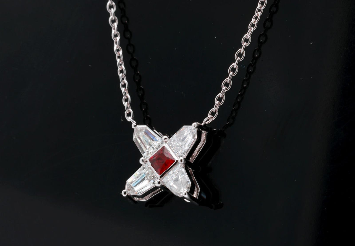 Ruby and Diamond Star Necklace in 14K White Gold – Natural Ruby, Shield Cut Diamonds 0.51 ct