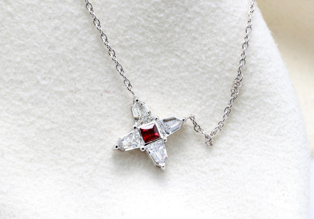 Ruby and Diamond Star Necklace in 14K White Gold – Natural Ruby, Shield Cut Diamonds 0.51 ct