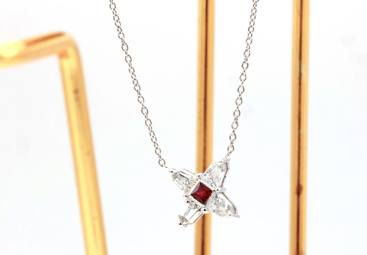 Ruby and Diamond Star Necklace in 14K White Gold – Natural Ruby, Shield Cut Diamonds 0.51 ct