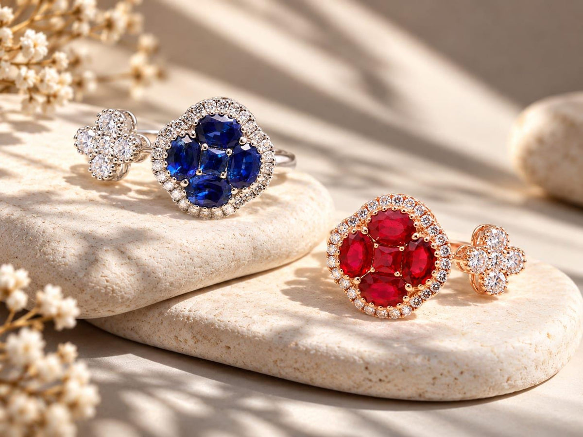 Ruby Clover Toi et Moi Ring with Diamonds, 18K Rose Gold