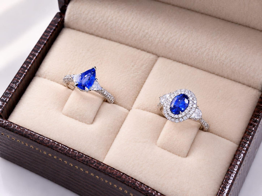Pear or Oval Blue Sapphire Diamond Ring, 18K White Gold