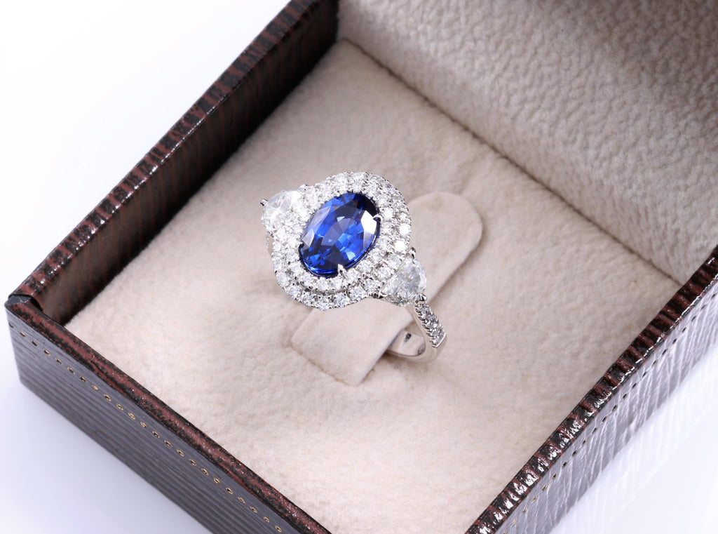 Oval Sapphire Double Halo Ring with Diamonds, 1.76 ct, 18K White Gold