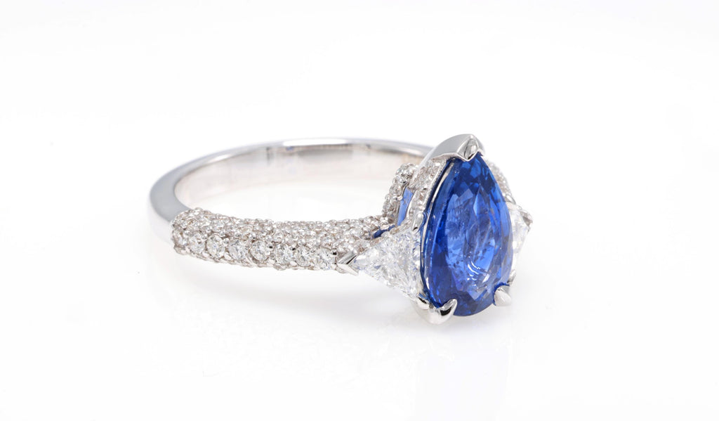 Pear Sapphire Ring with Trillion Diamonds, 1.97 ct, 18K White Gold