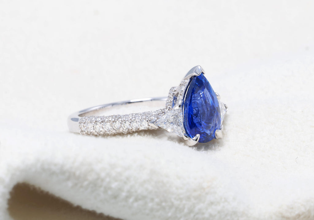 Pear Sapphire Ring with Trillion Diamonds, 1.97 ct, 18K White Gold