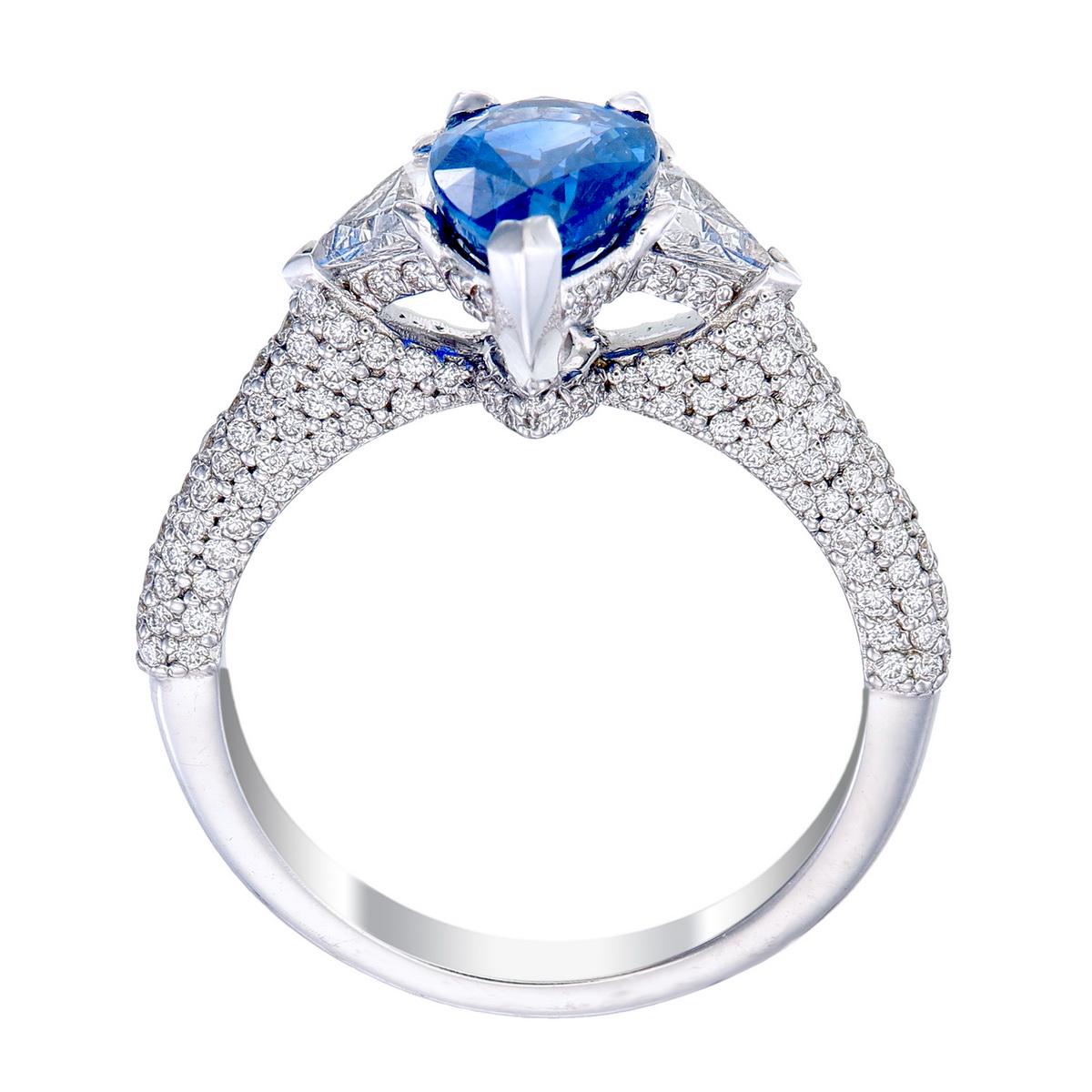 Pear or Oval Blue Sapphire Diamond Ring, 18K White Gold