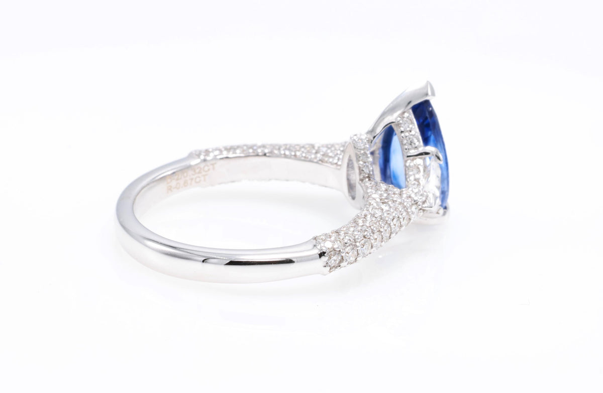Pear or Oval Blue Sapphire Diamond Ring, 18K White Gold