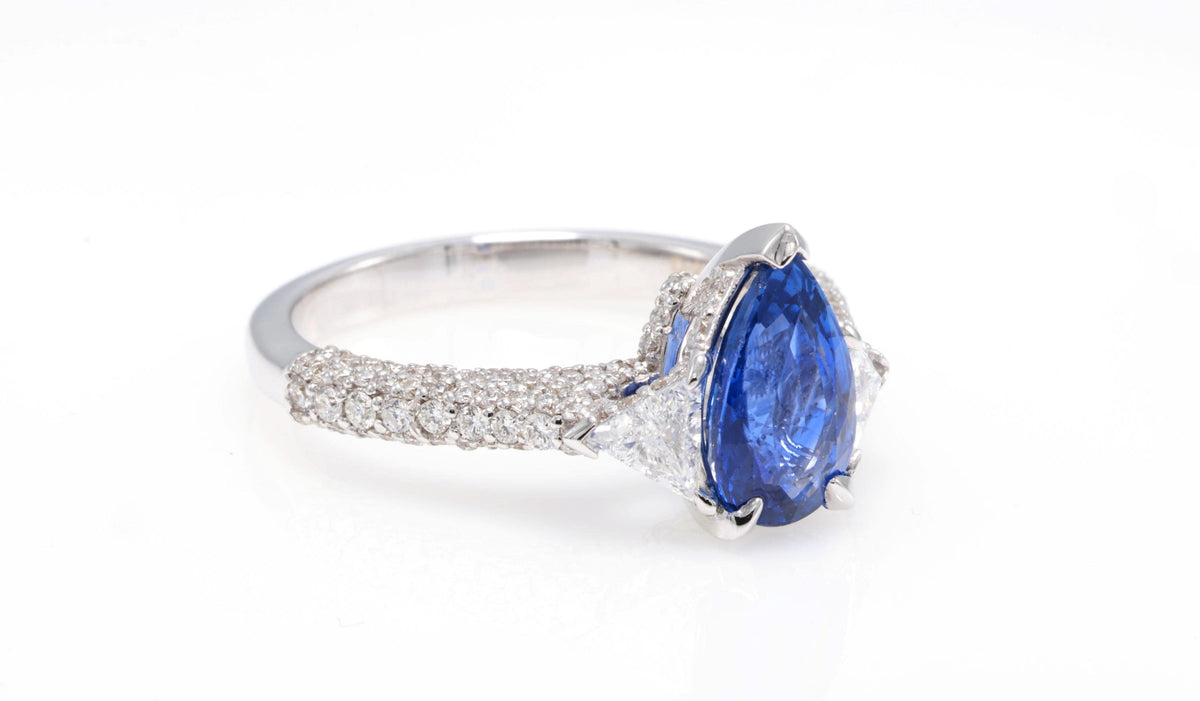 Pear or Oval Blue Sapphire Diamond Ring, 18K White Gold