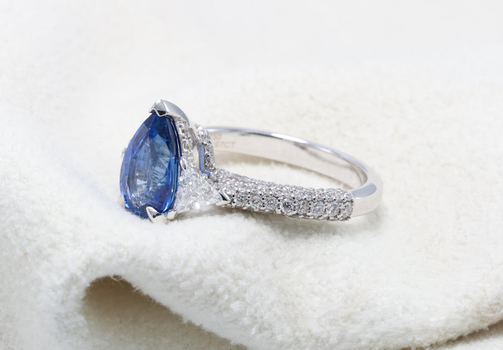 Pear or Oval Blue Sapphire Diamond Ring, 18K White Gold