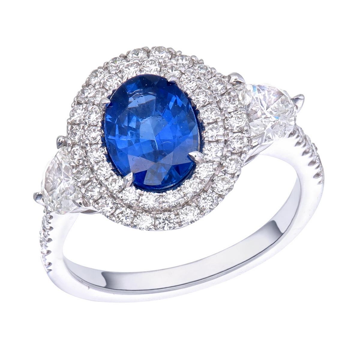 Pear or Oval Blue Sapphire Diamond Ring, 18K White Gold