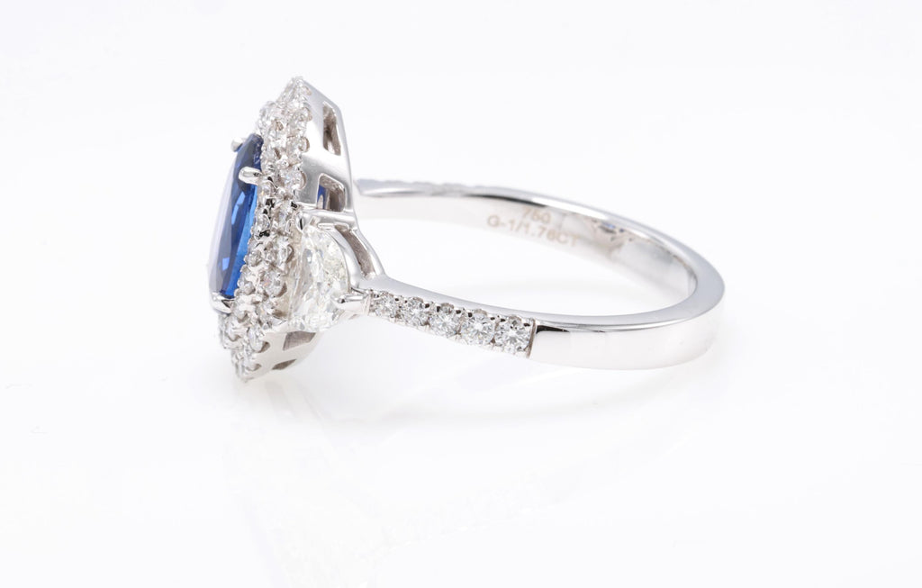 Pear or Oval Blue Sapphire Diamond Ring, 18K White Gold