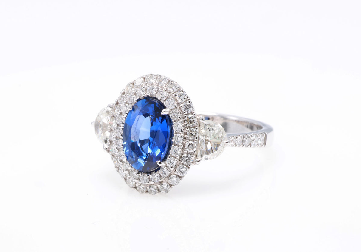 Pear or Oval Blue Sapphire Diamond Ring, 18K White Gold