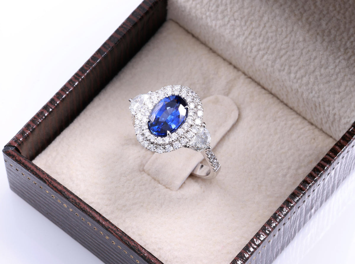 Pear or Oval Blue Sapphire Diamond Ring, 18K White Gold