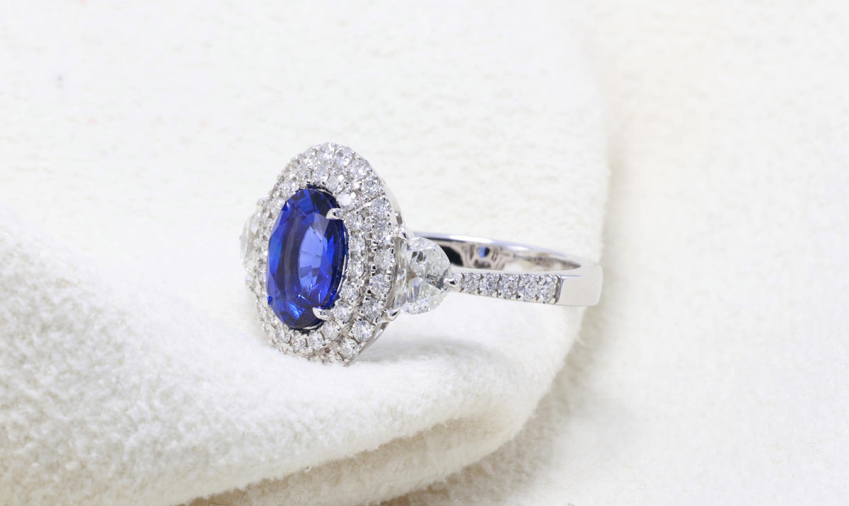 Pear or Oval Blue Sapphire Diamond Ring, 18K White Gold